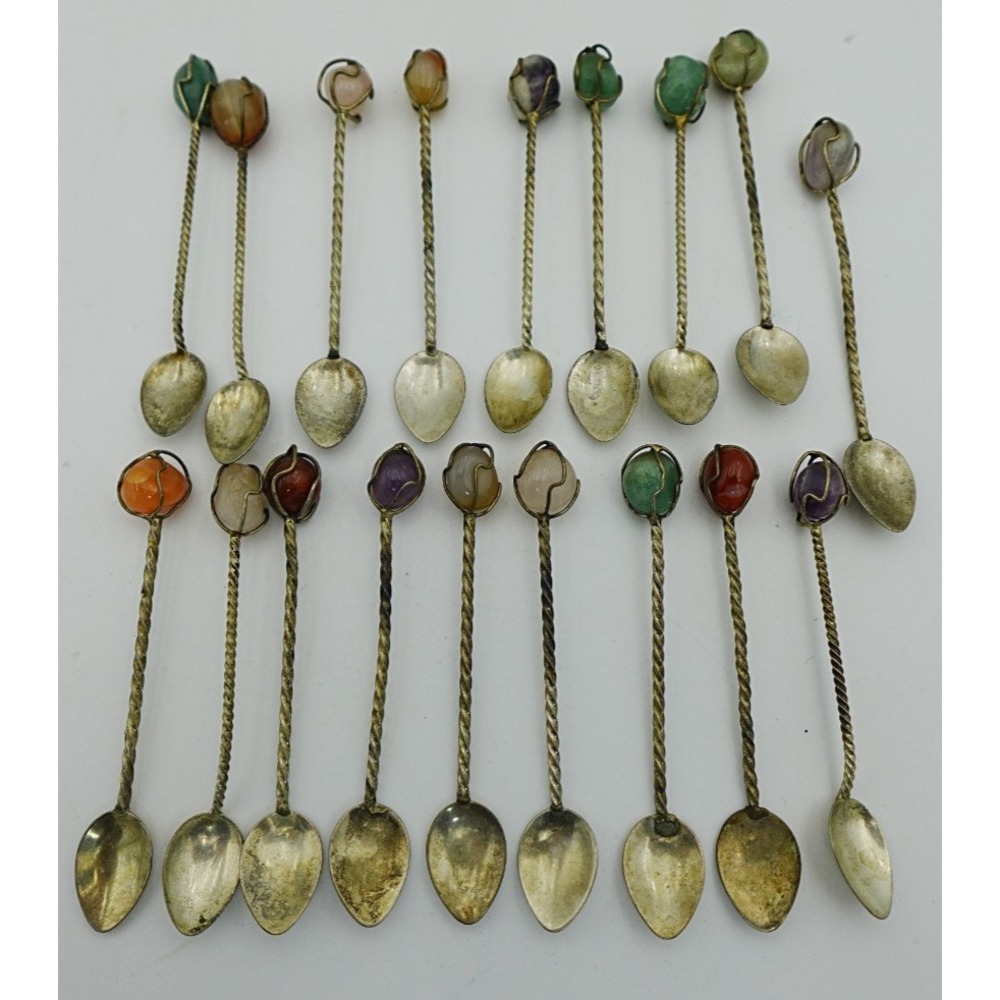 Vintage Set OF Mini Spoons W/ Twisted Handles & Colored Natural Gem Stone